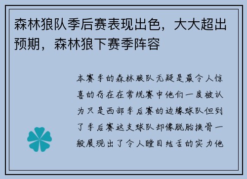 森林狼队季后赛表现出色，大大超出预期，森林狼下赛季阵容