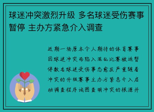 球迷冲突激烈升级 多名球迷受伤赛事暂停 主办方紧急介入调查