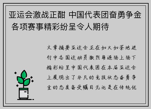 亚运会激战正酣 中国代表团奋勇争金 各项赛事精彩纷呈令人期待